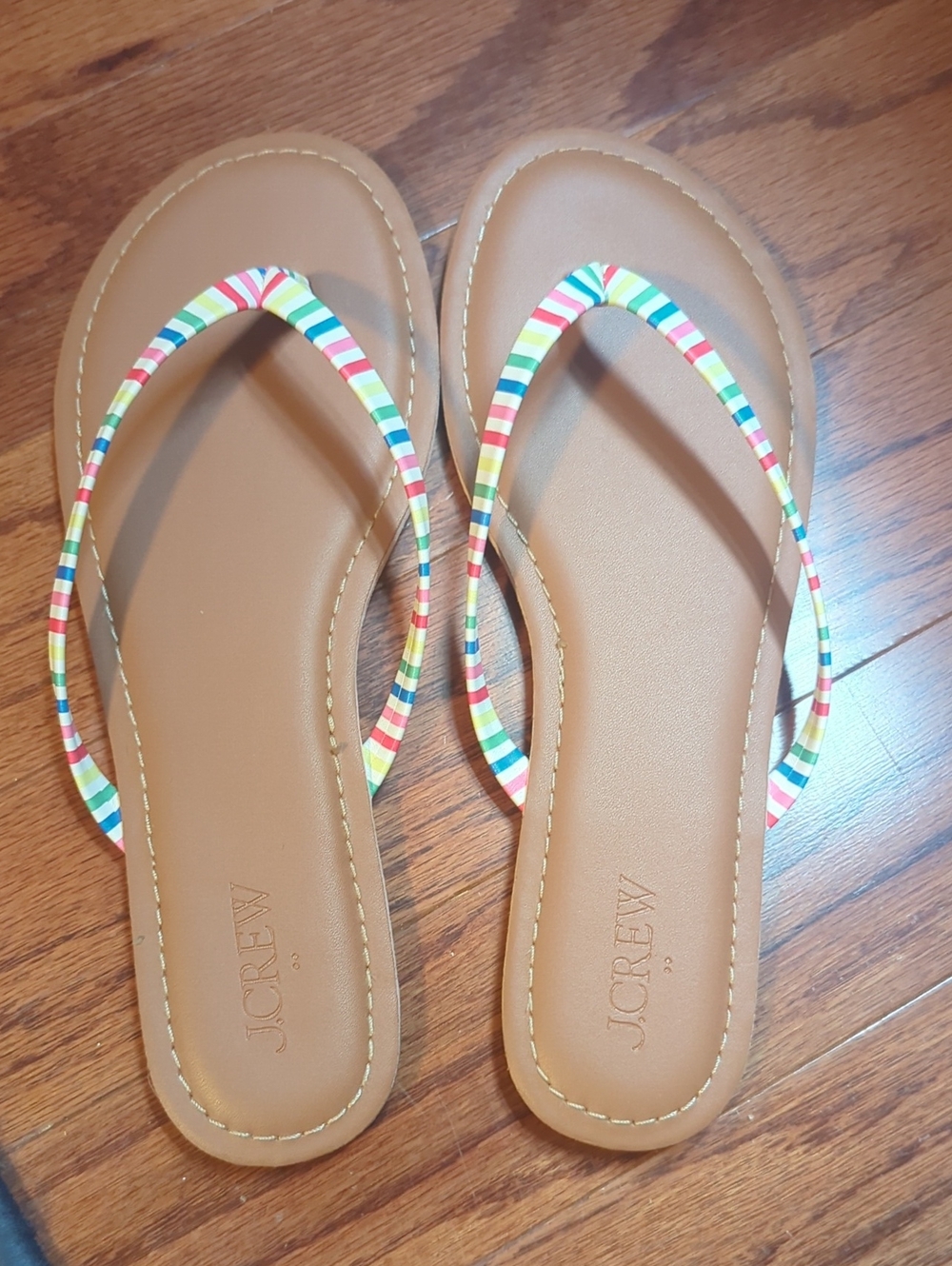 J. Crew Tan Flip Flops with Rainbow Striped Straps